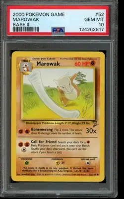 PSA 10 GEM MINT Pokemon Marowak Base Set 2 Non-Holo 52/130 - Image 1