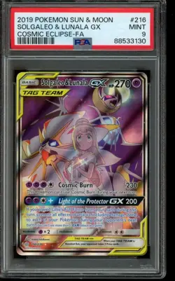 PSA 9 MINT Pokemon Solgaleo and Lunala GX Cosmic Eclipse Full Art 216/236 - Image 1