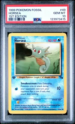 1999 POKEMON FOSSIL 1ST ED #49 HORSEA PSA 10 - Image 1