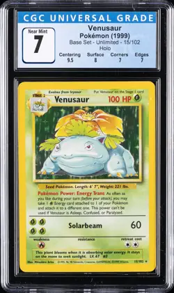 1999 POKEMON BASE SET - UNLIMITED - HOLO #15/102 VENUSAUR CGC 7 - Image 1