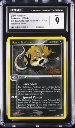 CGC 9 Dark Raticate EX Team Rocket Returns 17/109 Reverse Holo Stamped Pokemon - Image 1