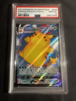 Surfing Pikachu VMAX 009/025 Full Art Holo Pokemon 2021 Celebrations PSA 10 GEM - Image 1