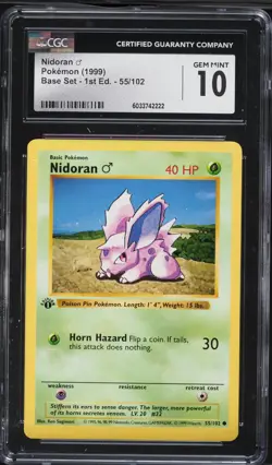 Pokemon Nidoran (Male) Base Set Shadowless 1st Edition #55 CGC 10 Gem Mint - Image 1