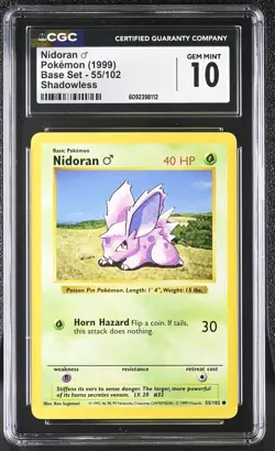 CGC 10 GEM MINT Nidoran 1999 Base Set 55/102 Shadowless Pokemon Card - Image 1