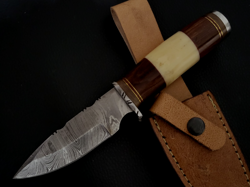8.5" CUSTOM HAND MADE DAMASCUS STEEL HUNTING KNIFE WOOD & BONE HANDLE F207 - Image 1