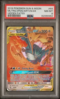 2019 POKEMON SUN & MOON HIDDEN FATES #44 MOLTRES & ZAPDOS & ARTICUNO GX PSA 8 - Image 1