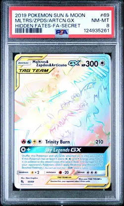 2019 POKEMON HIDDEN FATES SECRET FULL ART/MOLTRES & ZAPDOS & ARTICUNO GX PSA 8 - Image 1