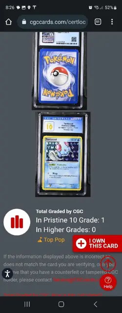 (POP 1) CGC 10 PRISTINE Tentacool 77/101 Ex Hidden Legends Pokemon Reverse Holo - Image 5