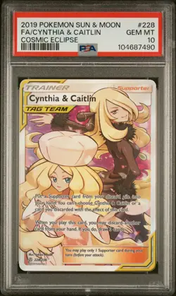 2019 POKEMON SUN & MOON COSMIC ECLIPSE #228 FULL ART/CYNTHIA & CAITLIN PSA 10 - Image 1