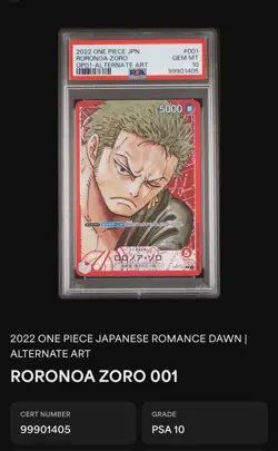 PSA 10 Roronoa Zoro OP01-001 Alternate Art ROMANCE DAWN ONE PIECE Japanese 2022 - Image 1