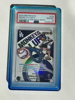 PSA GEM MINT 10 DODGERS X ONE PIECE CARD MONKEY D. LUFFY Guard included - Image 1