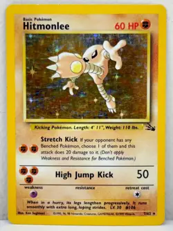 1999 Pokemon TCG Hitmonlee 7/62 Fossil Set Unlimited Edition Holo Rare Card USED - Image 1
