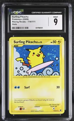 CGC 9 MINT Surfing Pikachu 2009 Rising Rivals 114/111 Holo Pokemon Card - Image 1