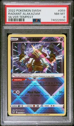 Radiant Alakazam Pokemon Sword & Shield Silver Tempest 059 NM PSA 8 - Image 1