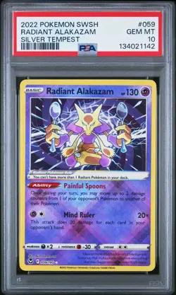 2022 POKEMON SWORD & SHIELD SILVER TEMPEST 059 RADIANT ALAKAZAM PSA 10 - Image 1