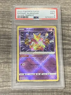 2022 POKEMON SWORD & SHIELD SILVER TEMPEST #059 RADIANT ALAKAZAM PSA 9 - Image 1