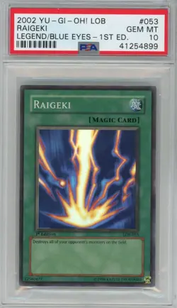 PSA GEM MT 10 Raigeki (LOB-053) The Legend of Blue Eyes White Dragon 1st Edition - Image 1