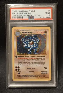 1999 POKEMON GAME 8 MACHAMP-HOLO 1ST EDITION-SHADOWLESS PSA 9 - Image 1