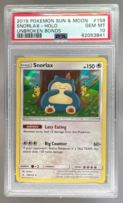 62053841 Snorlax 2019 Pokemon Sun Moon Unbroken Bonds #158 Holo PSA 10 - Image 1
