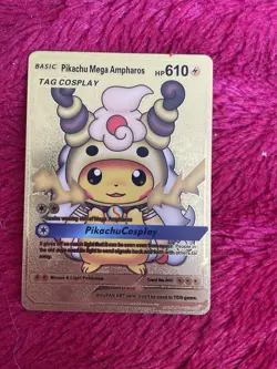 Pikachu Mega Ampharos Cosplay Gold Foil Pokemon Fan Art Card - Image 1