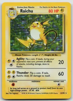 Pokemon TCG Raichu 14/102 Base Set Holo Rare Unlimited 1999 WOTC MP - Image 1