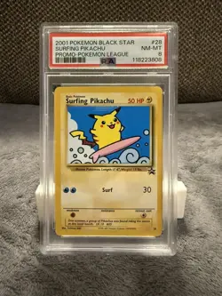 2001 POKEMON PROMO BLACK STAR POKEMON LEAGUE #28 SURFING PIKACHU PSA 8 - Image 1