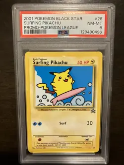SURFING PIKACHU PROMO BLACK STAR #28 POKEMON LEAGUE 2001 - PSA NM-MT 8 - Image 1