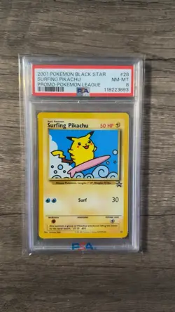 2001 POKEMON PROMO BLACK STAR POKEMON LEAGUE #28 SURFING PIKACHU PSA 8 - Image 1