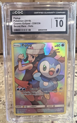 Pokemon TCG Piplup Sun & Moon - Cosmic Eclipse 239/236 Holo Secret Rare CGC 10 - Image 1