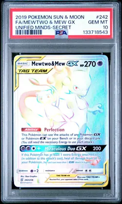 2019 POKEMON SUN & MOON UNIFIED MINDS SECRET FULL ART/MEWTWO & MEW GX PSA 10 - Image 1