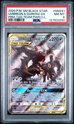 2020 POKEMON SM BLACK STAR PROMO TAG TEAM POWERS COLL UMBREON & DARKRAI GX PSA 8 - Image 1