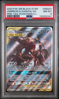 2020 POKEMON SM BLACK STAR PROMO TAG TEAM POWERS COLL UMBREON & DARKRAI GX PSA 8 - Image 1