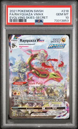 2021 Pokemon SWSH Rayquaza VMAX Full Art/Alt Art 218/203 Evolving Skies PSA 10 - Image 1