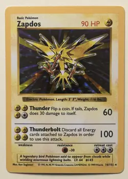 Pokemon TCG Shadowless Zapdos 16/102 Base Set Holo 1999 - Image 1