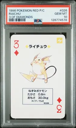 Pokemon Red Raichu 3 of Diamonds Playing Poker Card 1996 PSA 10 GEM MINT - Image 1
