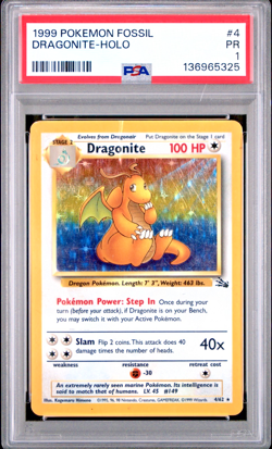 PSA 1 PR 1999 Pokemon Fossil Dragonite Holo 4/62 Holo Foil WOTC Unlimited - Image 1