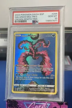 2023 POKEMON SWSH BLACK STAR PROMO CROWN ZENITH TIN #284 GALARIAN MOLTRES PSA 10 - Image 1