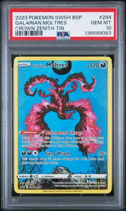 2023 POKEMON SWSH BLACK STAR PROMO CROWN ZENITH TIN #284 GALARIAN MOLTRES PSA 10 - Image 1