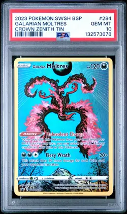 2023 POKEMON SWSH BLACK STAR PROMO CROWN ZENITH TIN #284 GALARIAN MOLTRES PSA 10 - Image 1