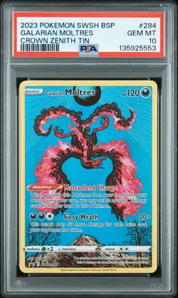 2023 POKEMON SWSH BLACK STAR PROMO CROWN ZENITH TIN #284 GALARIAN MOLTRES PSA 10 - Image 1