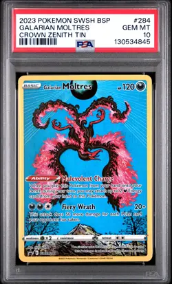 2023 POKEMON SWSH BLACK STAR PROMO CROWN ZENITH TIN #284 GALARIAN MOLTRES PSA 10 - Image 1
