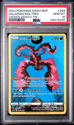 2023 POKEMON SWSH BLACK STAR PROMO CROWN ZENITH TIN #284 GALARIAN MOLTRES PSA 10 - Image 1