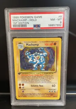 1999 Pokemon Base Set Machamp 1st Edition (8/102) Holo PSA 8 - Image 1