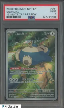 2023 Pokemon SVP EN 151 Elite Trainer Box #051 Snorlax PSA 9 MINT - Image 1