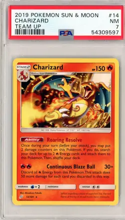 💥 CHARIZARD 2019 POKEMON SUN & MOON TEAM UP # 14/181 GRADED PSA 7 - Image 1