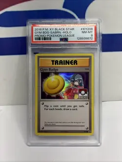 PSA 8 NM-MT Gym Badge Sabrina XY208 XY Black Star Promo 2016 Pokemon League Holo - Image 1