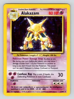 Alakazam 1/102 Holo Rare Unlimited Edition Base Set Pokemon Card 1999 WOTC MP^^ - Image 1