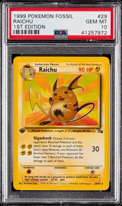 1999 POKEMON FOSSIL 1ST ED #29 RAICHU PSA 10 - Image 1