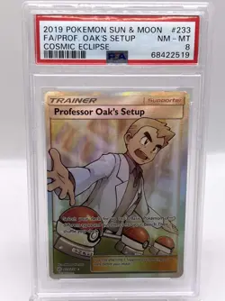 Professor Oaks Setup 233/236 SM Cosmic Eclipse Full Art Pokemon TCG Card PSA 8 - Image 1