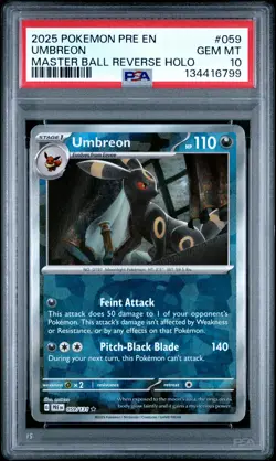2025 POKEMON PRE EN-PRISMATIC EVOLUTIONS MASTER BALL REVERSE HOLO UMBREON PSA 10 - Image 1